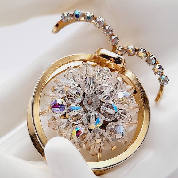 Vintage Aurora Borealis Crystal Fruit Brooch – Rhinestone Beaded Mid Century - Picture 1 of 10